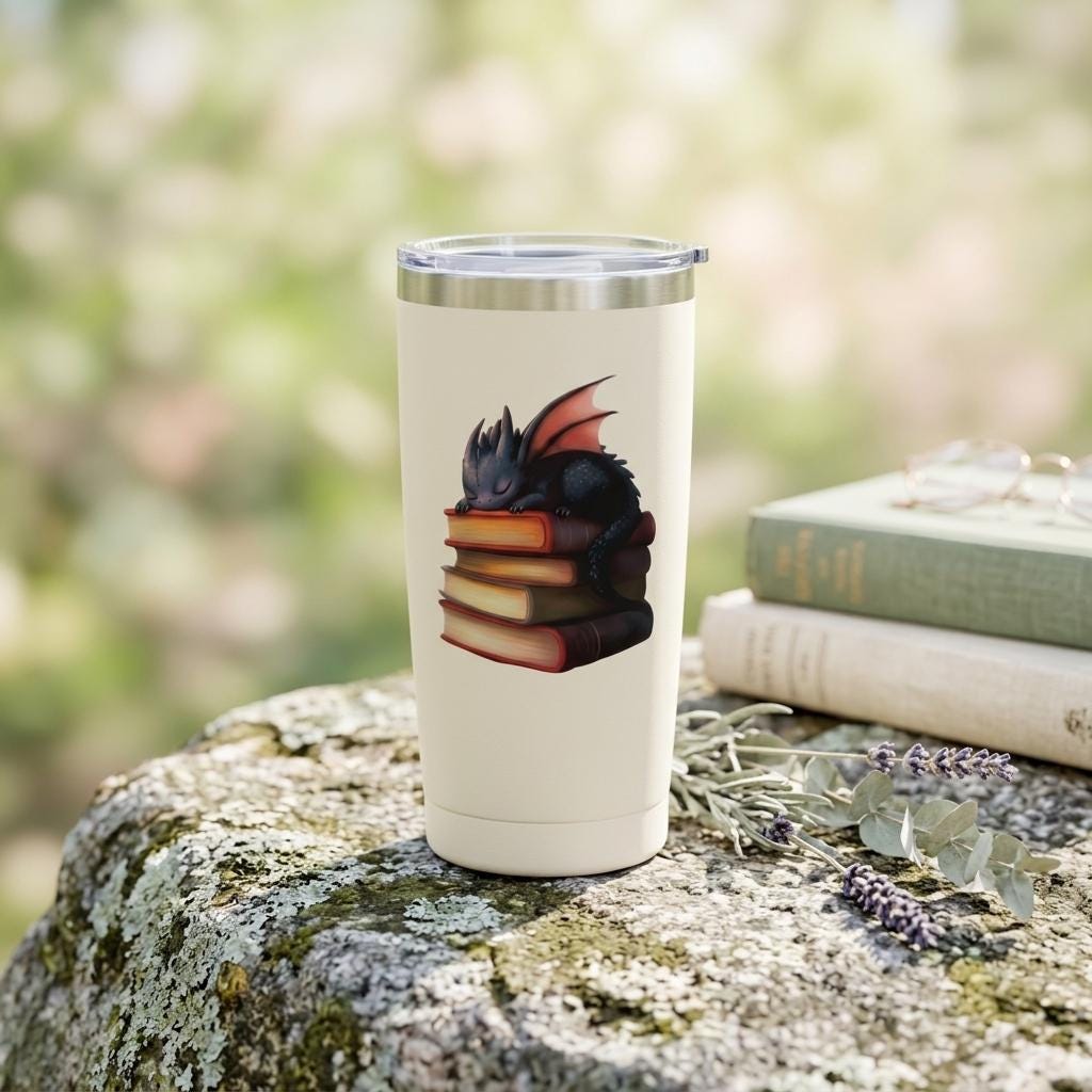 Cream insulated tumbler decorated with the sleeping book dragon design, set on a mossy rock outdoors with green hardcover books and lavender sprigs. __etsy:8134203576