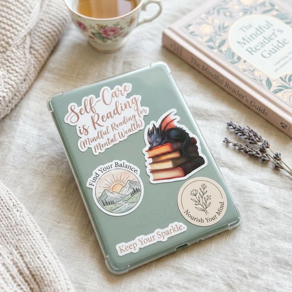 Sage green e-reader case decorated with the book dragon sticker alongside bookish self-care quote stickers, styled with a floral teacup, a reading guide book, and lavender. __etsy:8182103233