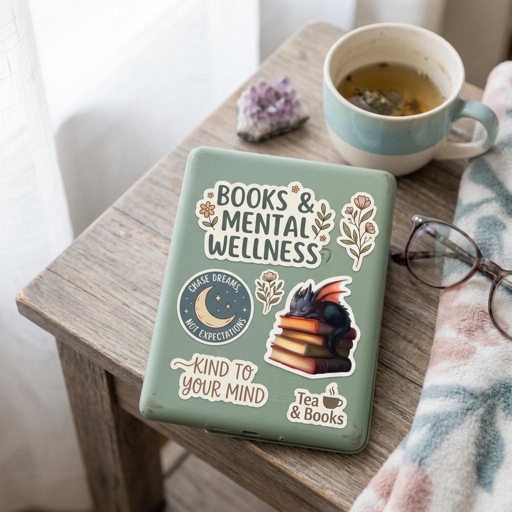 Sage green journal decorated with the book dragon sticker and bookish mental-wellness quote stickers, on a rustic wooden stool with herbal tea, an amethyst crystal, glasses, and a cozy blanket. __etsy:8182103221