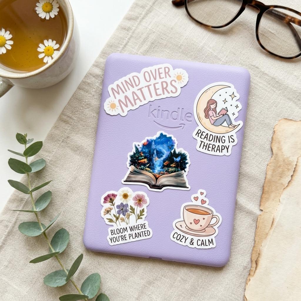 Purple Kindle e-reader decorated with the fantasy castle book sticker alongside other reading-themed stickers, styled with eucalyptus, reading glasses, and a cup of tea. __etsy:8133844472