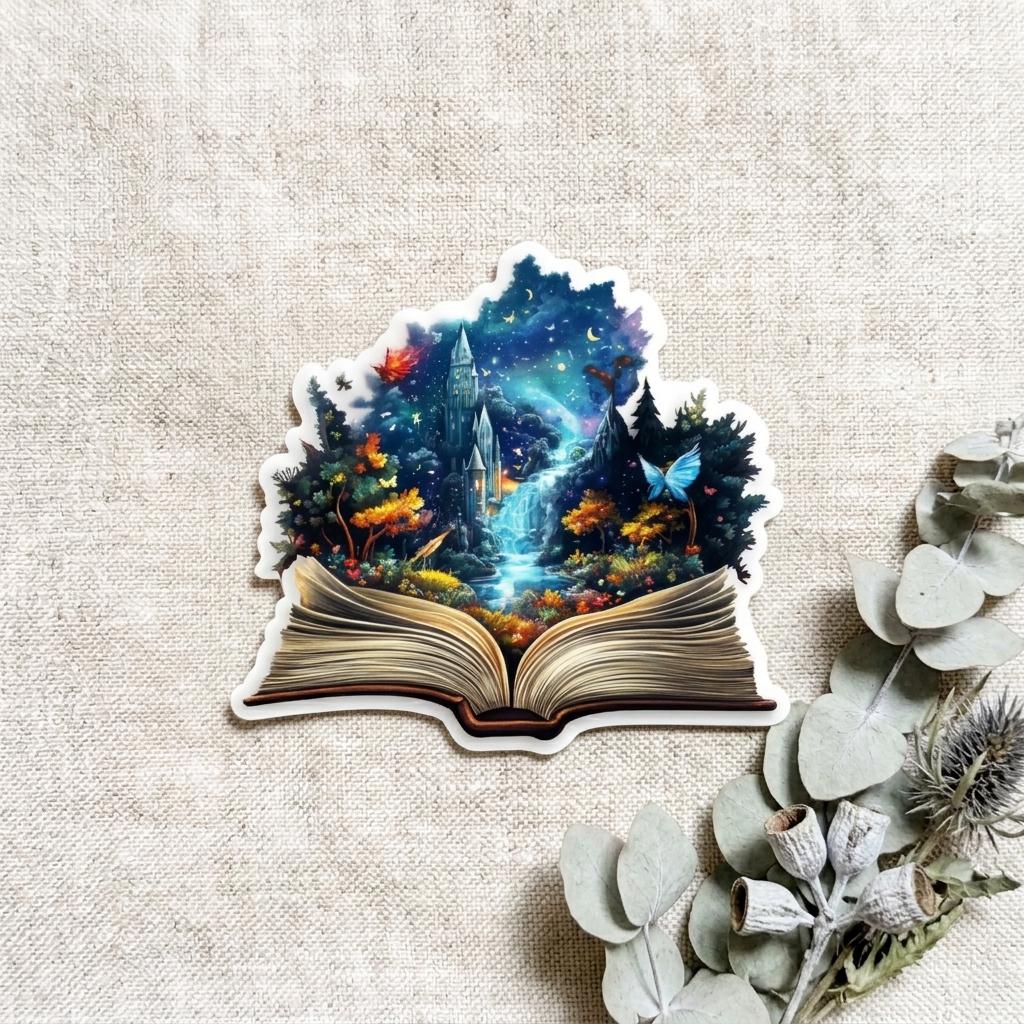 Fantasy castle and magical forest book sticker on a linen background, surrounded by dried eucalyptus leaves and a dried thistle pod. __etsy:8181746643