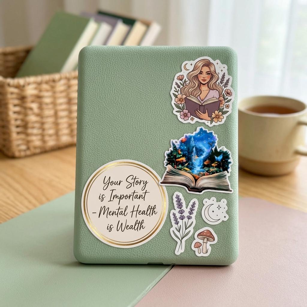Green Kindle e-reader standing upright, decorated with the fantasy castle book sticker and other stickers including a reading woman, lavender, and a mental health quote, with books and a cup of tea in the background. __etsy:8181742645