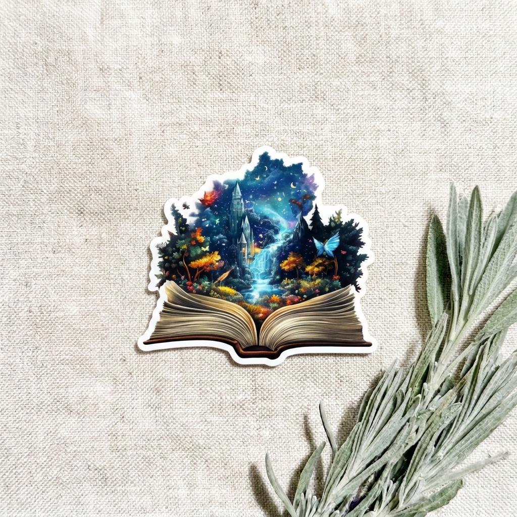 Fantasy castle and magical forest book sticker on a textured linen background with soft green sage and lavender leaves to the side. __etsy:8133849112