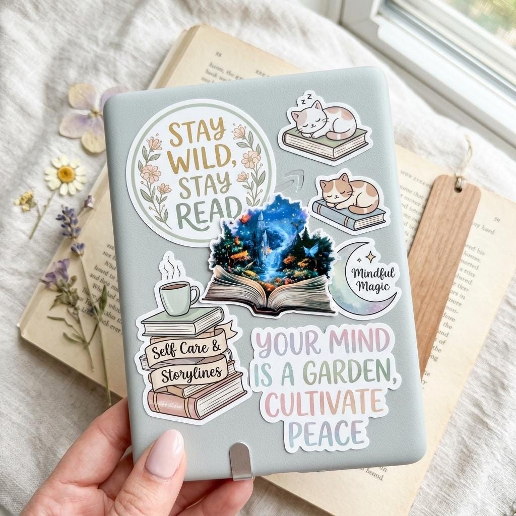 Hand holding a mint-blue Kindle e-reader decorated with the fantasy castle book sticker and other book-themed stickers, with pressed flowers, an open book, and a wooden bookmark in the background. __etsy:8181742649