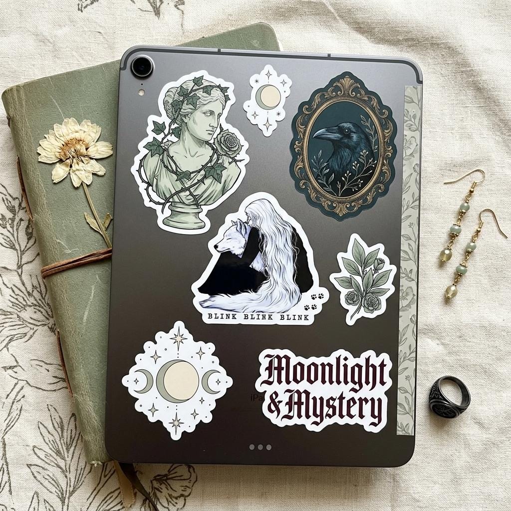 Fantasy wolf girl vinyl sticker applied to the back of a tablet, surrounded by gothic dark academia stickers including a Greek statue, a raven, moon phases, and Moonlight and Mystery text, styled on a green journal with dried flowers and jewelry. __etsy:8182208897