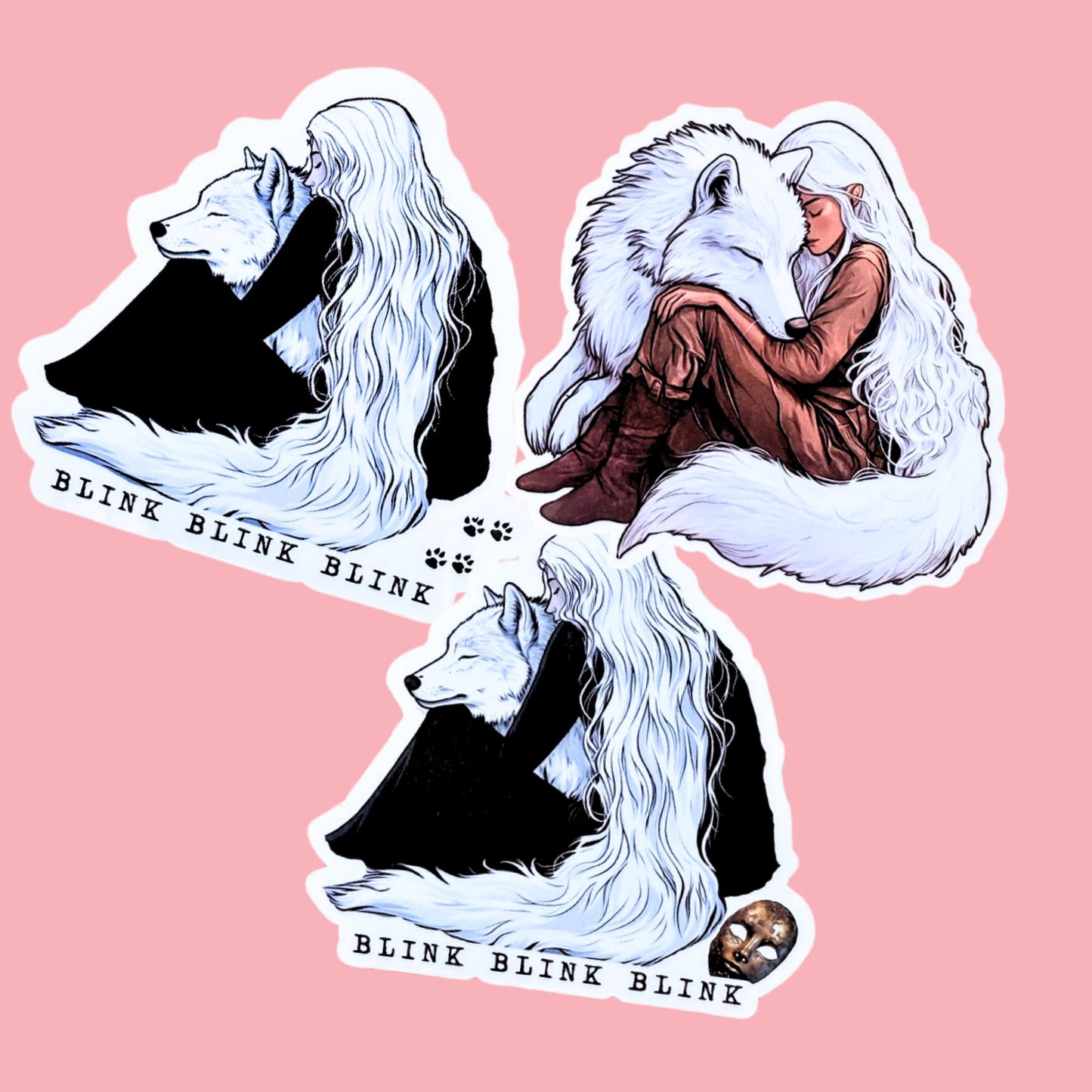 Three design variations of the fantasy wolf girl sticker on a pink background, including a full-color version of a girl in a rust outfit hugging a large white wolf and two black-and-white versions with BLINK BLINK BLINK text. __etsy:7778551575