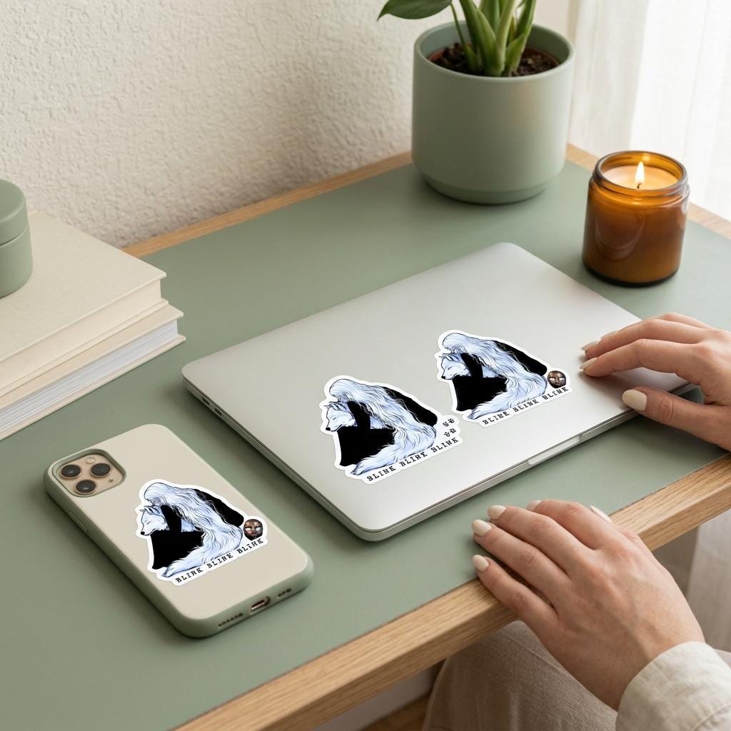 Lifestyle photo of the fantasy wolf girl stickers applied to a laptop and a phone case on a sage green desk, styled with a potted plant, an amber candle, and a stack of books with hands resting nearby. __etsy:8134308784
