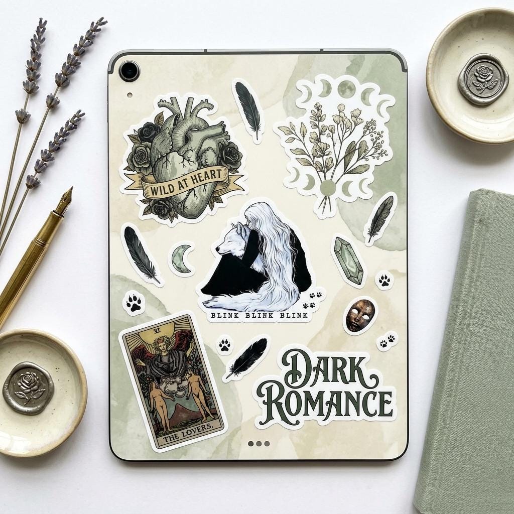 Fantasy wolf girl sticker on a tablet surrounded by dark romance stickers including an anatomical Wild at Heart design, a Lovers tarot card, feathers, moon phases, and Dark Romance text, styled with dried lavender, wax seals, and a fountain pen. __etsy:8182208879