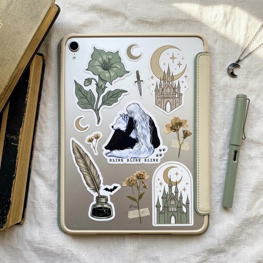 Fantasy wolf girl sticker on a clear tablet case surrounded by whimsical fairytale stickers including castles, a crescent moon, a flower, and a feather quill with inkwell, styled on linen with an antique book, a green pen, dried flowers, and a moon necklace. __etsy:8134308808