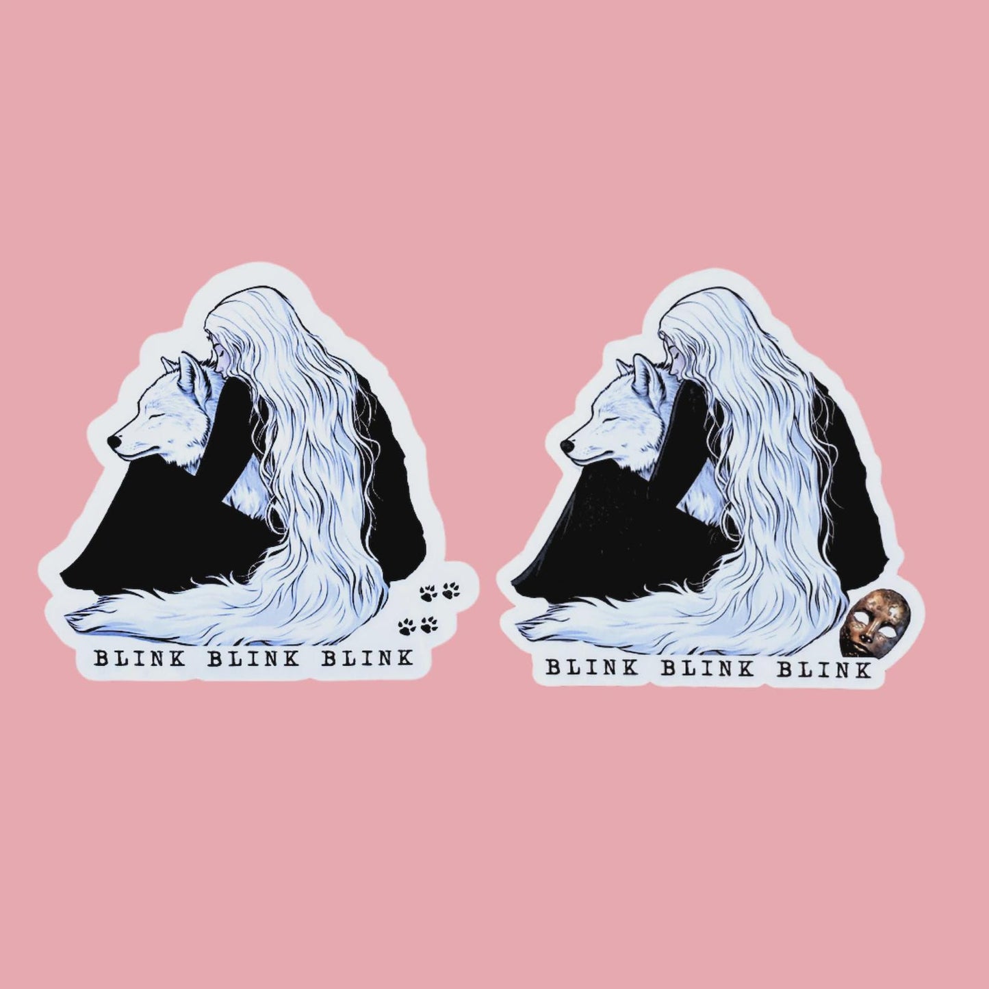 Two black-and-white fantasy wolf girl die-cut stickers of a long-haired girl embracing a white wolf with the words BLINK BLINK BLINK, displayed on a soft pink background. __etsy:8134308820