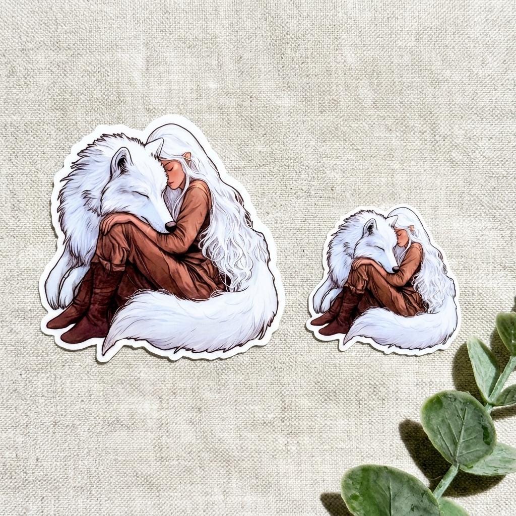 Fantasy Wolf and Elf Girl Sticker – Romantasy Vinyl Decal for Book Lovers & Fantasy Fans __etsy:8109725630