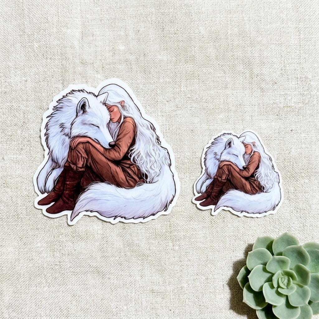 Fantasy Wolf and Elf Girl Sticker – Romantasy Vinyl Decal for Book Lovers & Fantasy Fans __etsy:8109725788