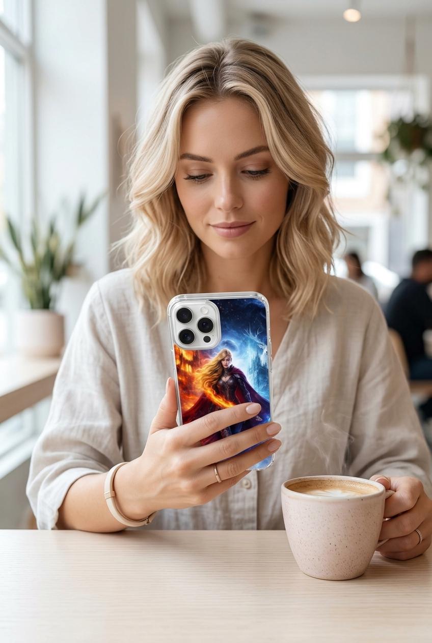 A blonde woman sitting in a bright cafe looks at her phone, which has the clear case showing the fire and ice fantasy warrior goddess art, with a cup of coffee on the table. __etsy:8165456353