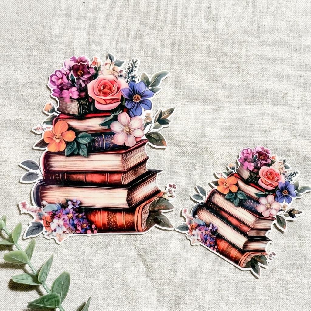 Floral Book Stack Sticker: Waterproof Vinyl Decal for Book Lovers __etsy:8109738132