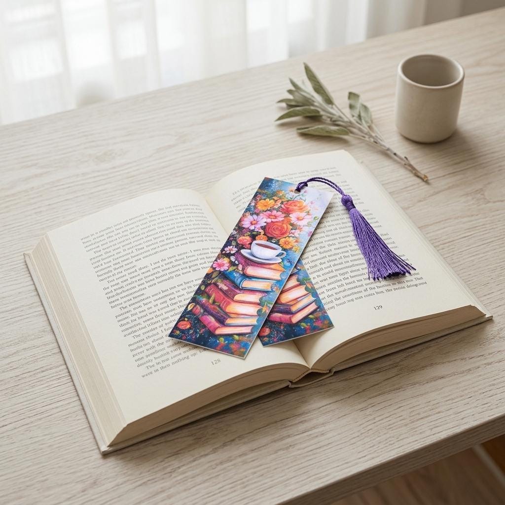 Floral book stack and teacup bookmark with a purple tassel laid across the pages of an open book on a light wood table, styled with a sage sprig and a ceramic mug. __etsy:8134294456