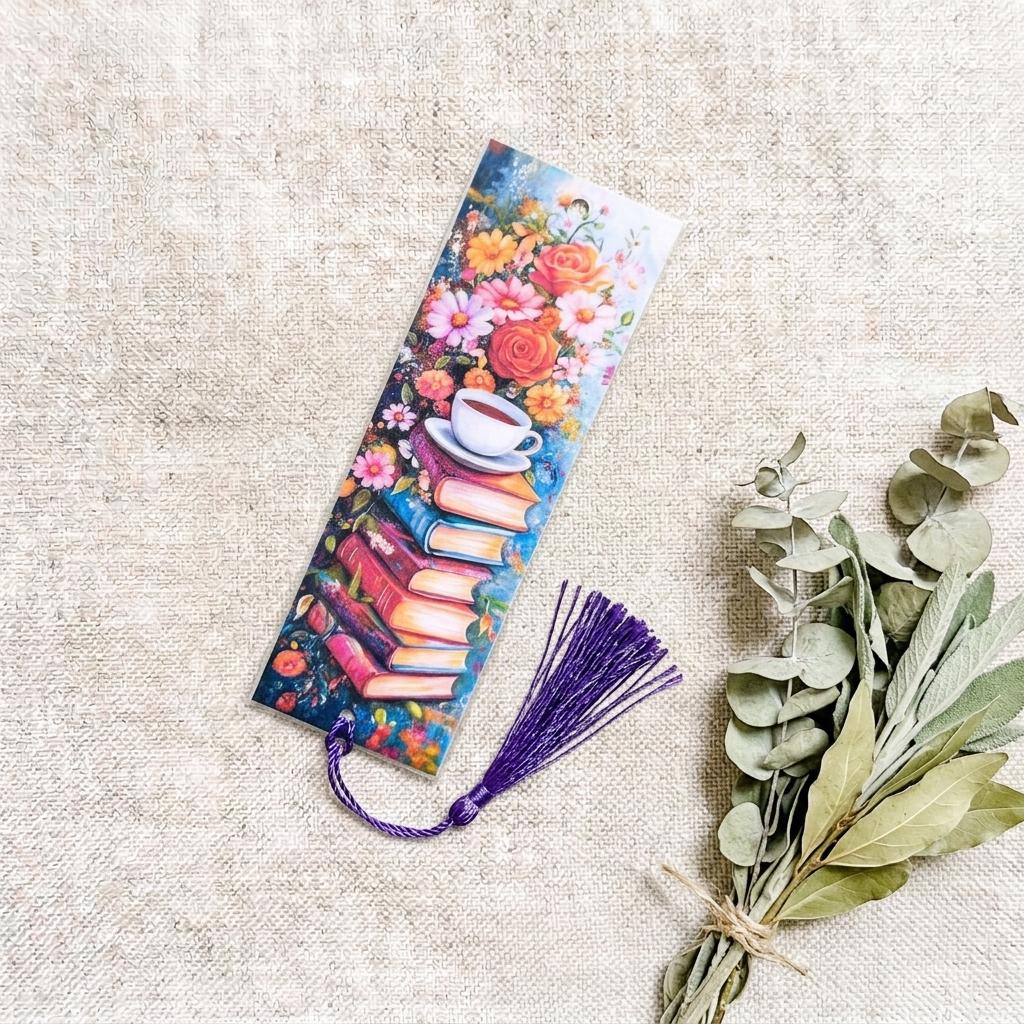Close-up of the laminated floral bookmark showing a watercolor stack of books topped with a teacup and a bouquet of roses and daisies, with a purple tassel, displayed on woven linen beside eucalyptus. __etsy:8182193833