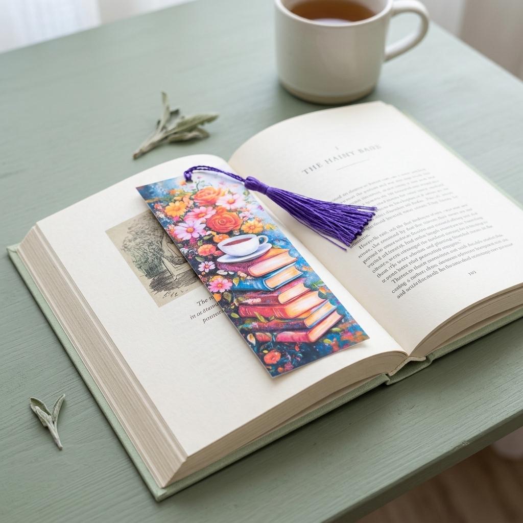 Floral book stack and teacup bookmark with a purple tassel resting on an open vintage book, on a sage green table with a steaming mug of tea and sage sprigs. __etsy:8182194161