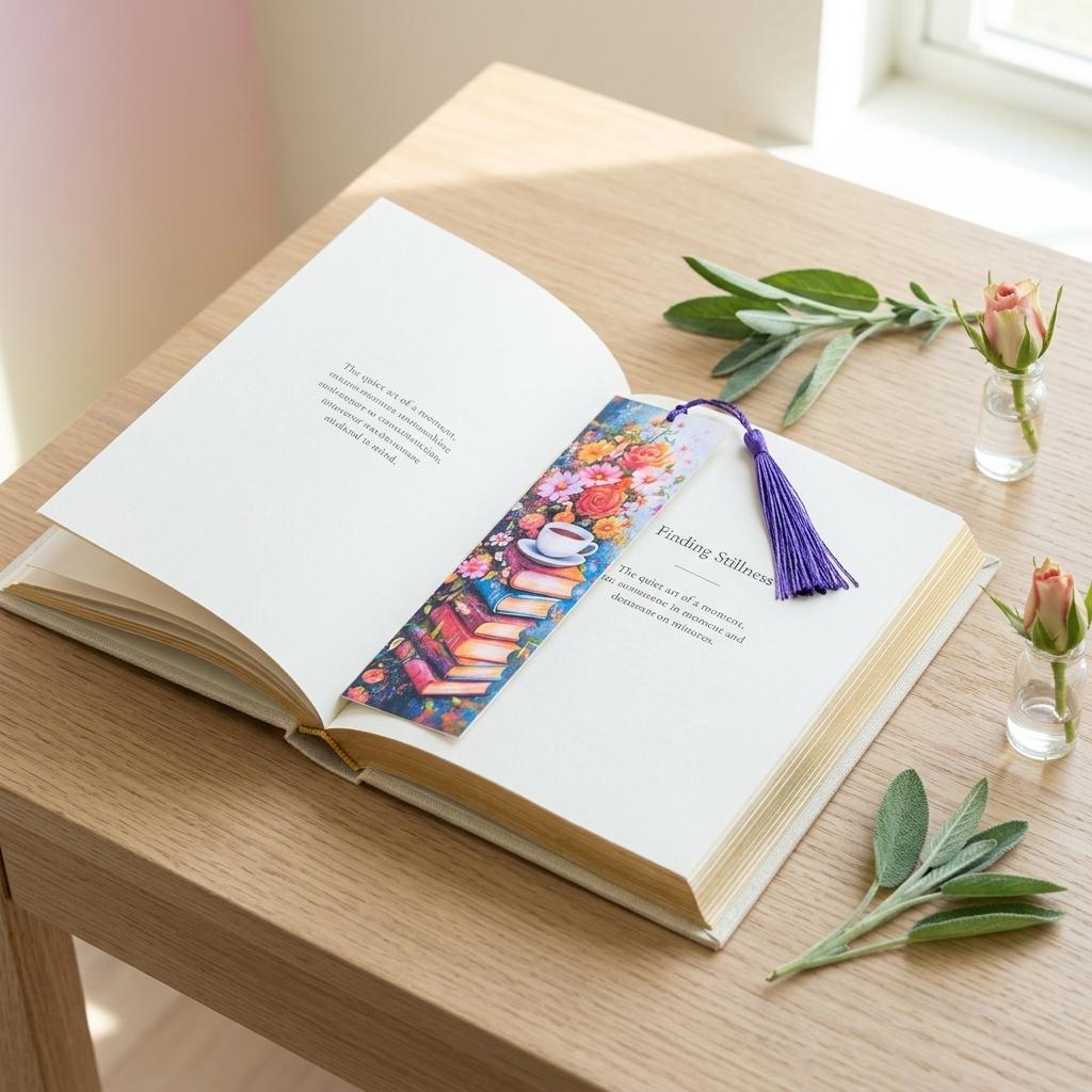 Floral book stack and teacup bookmark with a purple tassel standing upright between the pages of an open book on a light wood table, with greenery sprigs nearby. __etsy:8182194159
