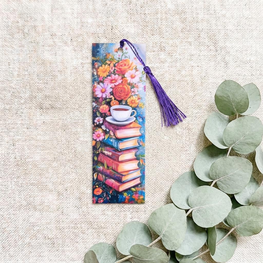 Laminated floral bookmark with a watercolor stack of books, a teacup, and roses and daisies, finished with a purple tassel, laid flat on woven linen beside eucalyptus leaves. __etsy:8182193829