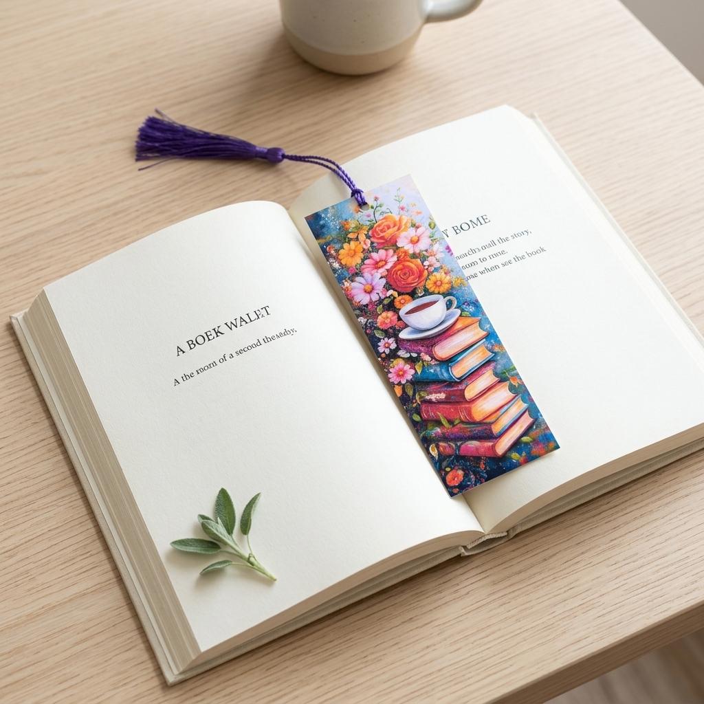 Floral book stack and teacup bookmark laid diagonally across an open book with its purple tassel resting on the page, beside a mug and a sage sprig on a light wood table. __etsy:8182193799