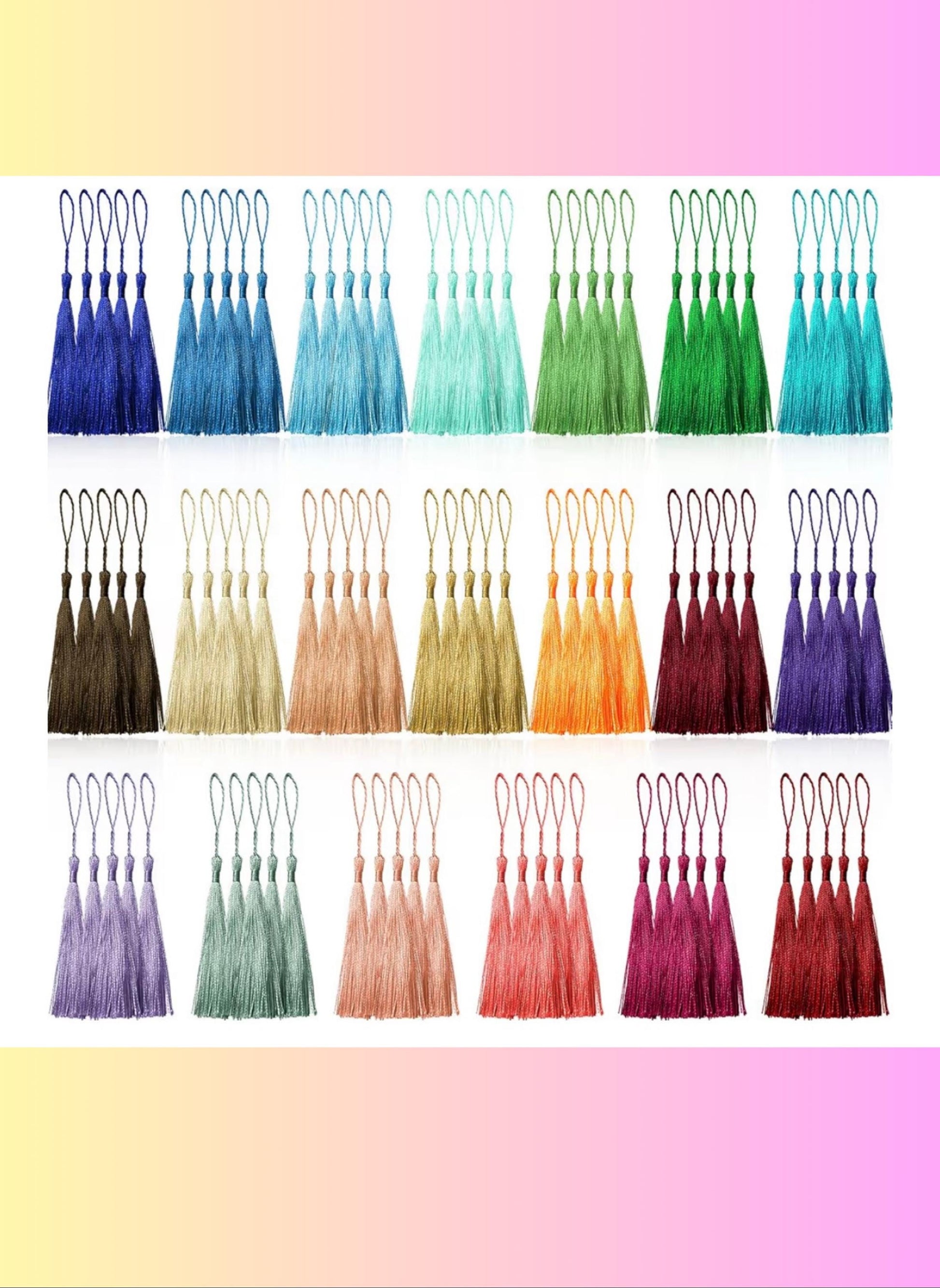 Color chart showing the available tassel options arranged in rows, including shades of blue, teal, green, brown, tan, orange, purple, pink, and red on a pastel gradient background. __etsy:6825964795