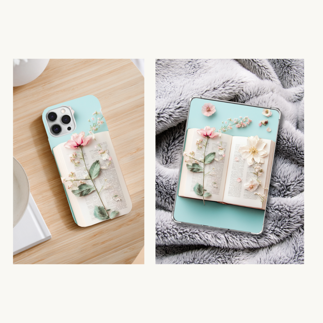 Matching floral book Kindle and iPhone insert bundle for clear cases - coordinated romantic bookish aesthetic

