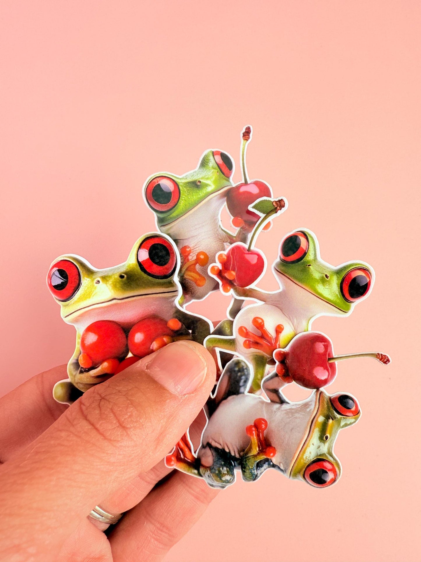 Frog Sticker Pack –4 Cute Red-Eyed Tree Frog Vinyl Stickers with Cherries for Water Bottles, Laptops, Journals|animal gift|kindle decor __etsy:6912140388