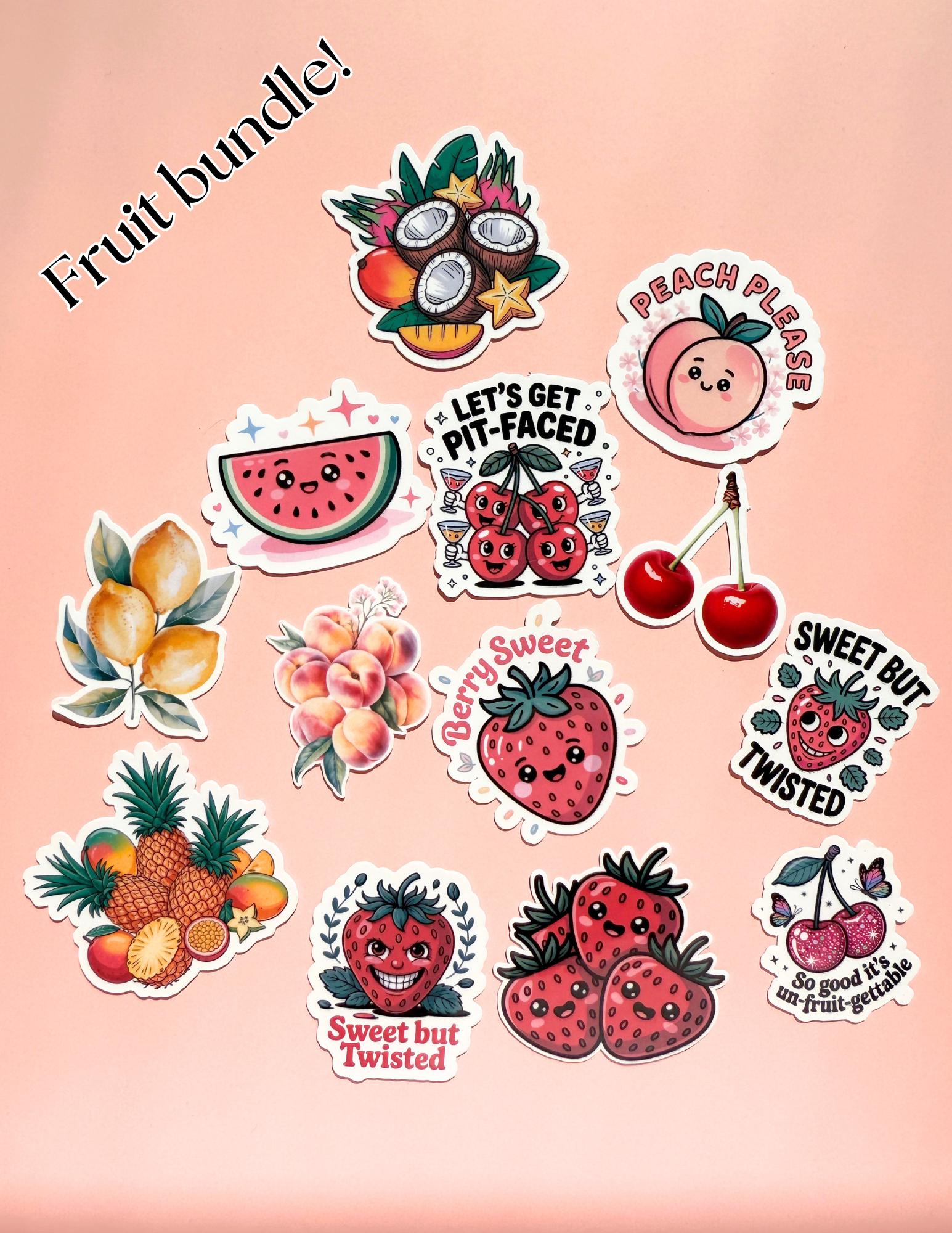 A vibrant fruit sticker bundle featuring 13 colorful vinyl stickers including strawberries, cherries, peaches, pineapples, and citrus fruits with fun puns. Each sticker has a glossy finish and is perfect for decorating water bottles, laptops, journals, and planners. Displayed on a white background for a clean, eye-catching presentation." __etsy:6916906745