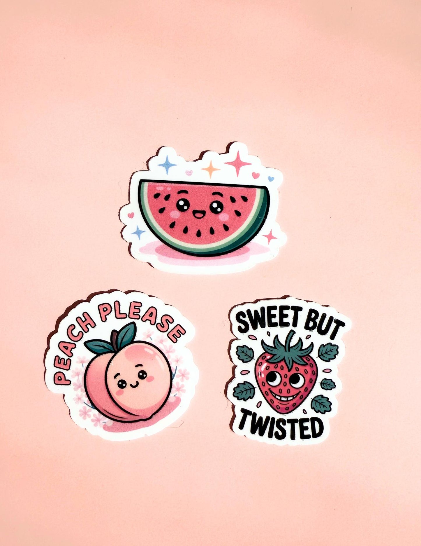 A vibrant fruit sticker bundle featuring 13 colorful vinyl stickers including strawberries, cherries, peaches, pineapples, and citrus fruits with fun puns. Each sticker has a glossy finish and is perfect for decorating water bottles, laptops, journals, and planners. Displayed on a white background for a clean, eye-catching presentation." __etsy:6868925062