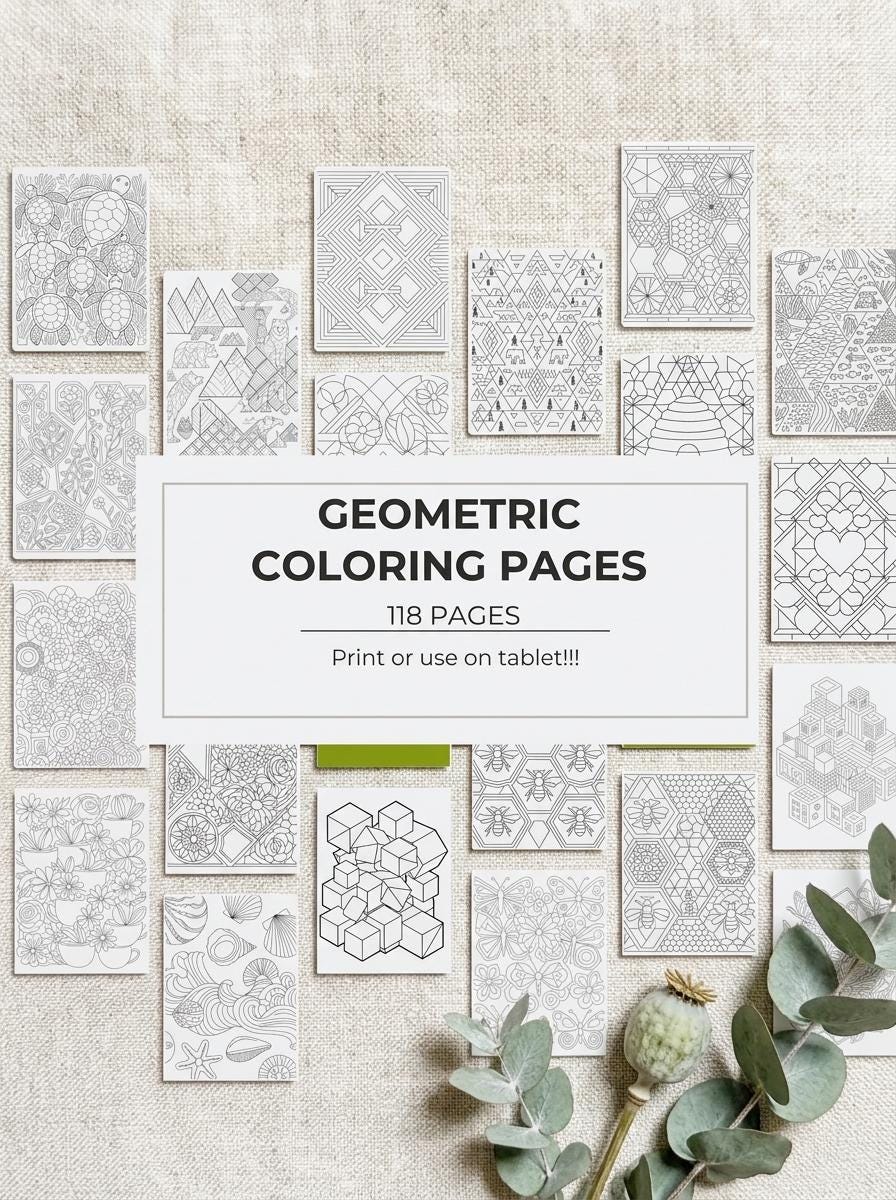 Geometric Coloring Pages | 118 Abstract Designs for Stress Relief PDF Download __etsy:8181692273