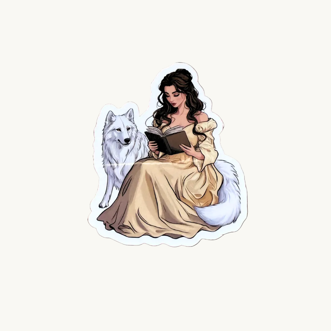 sticker of a woman reading with her white wolf. 