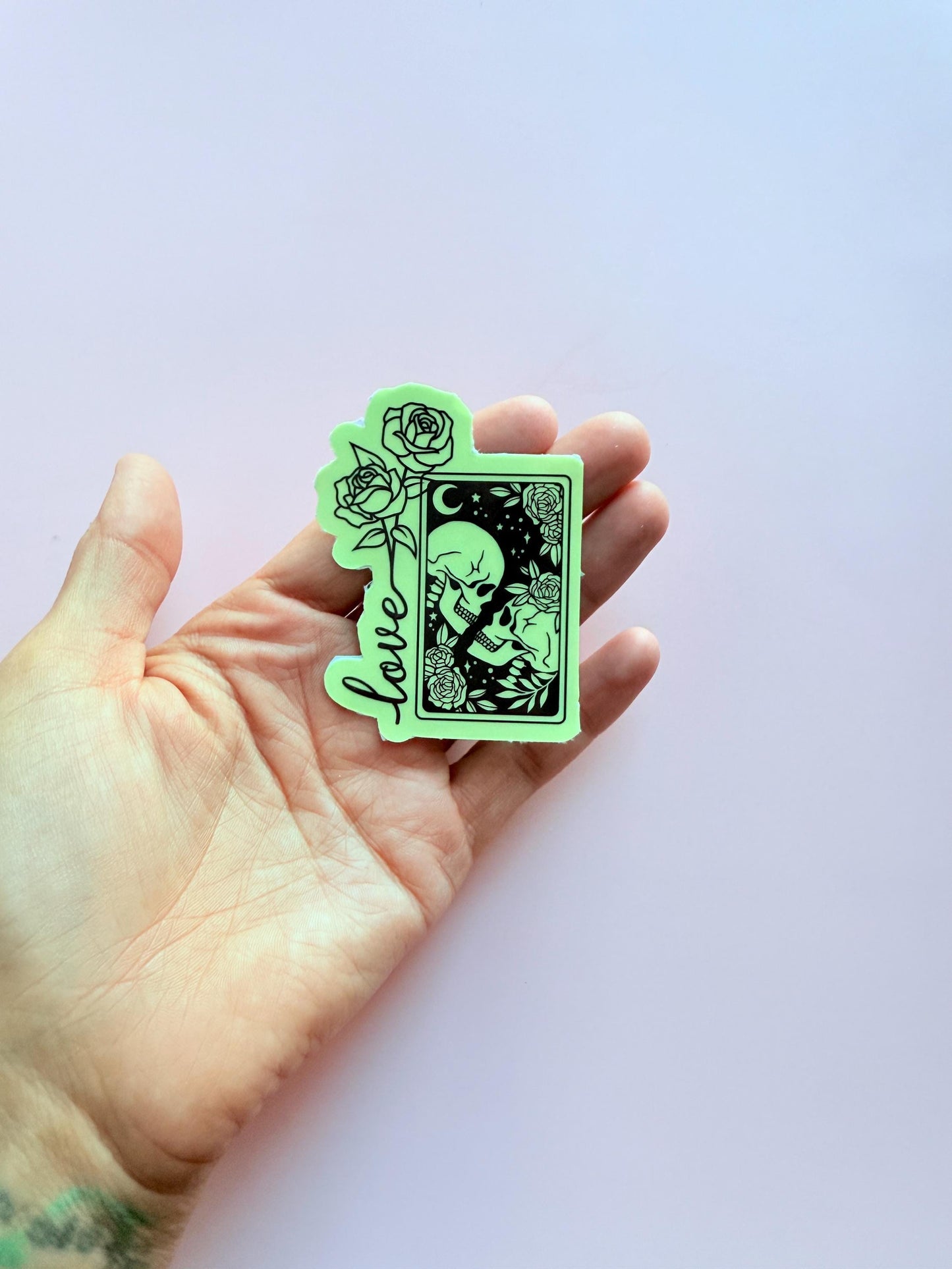 Glow-in-the-Dark Tarot Skull & Roses Sticker: Gothic Laptop Decal __etsy:7209872919