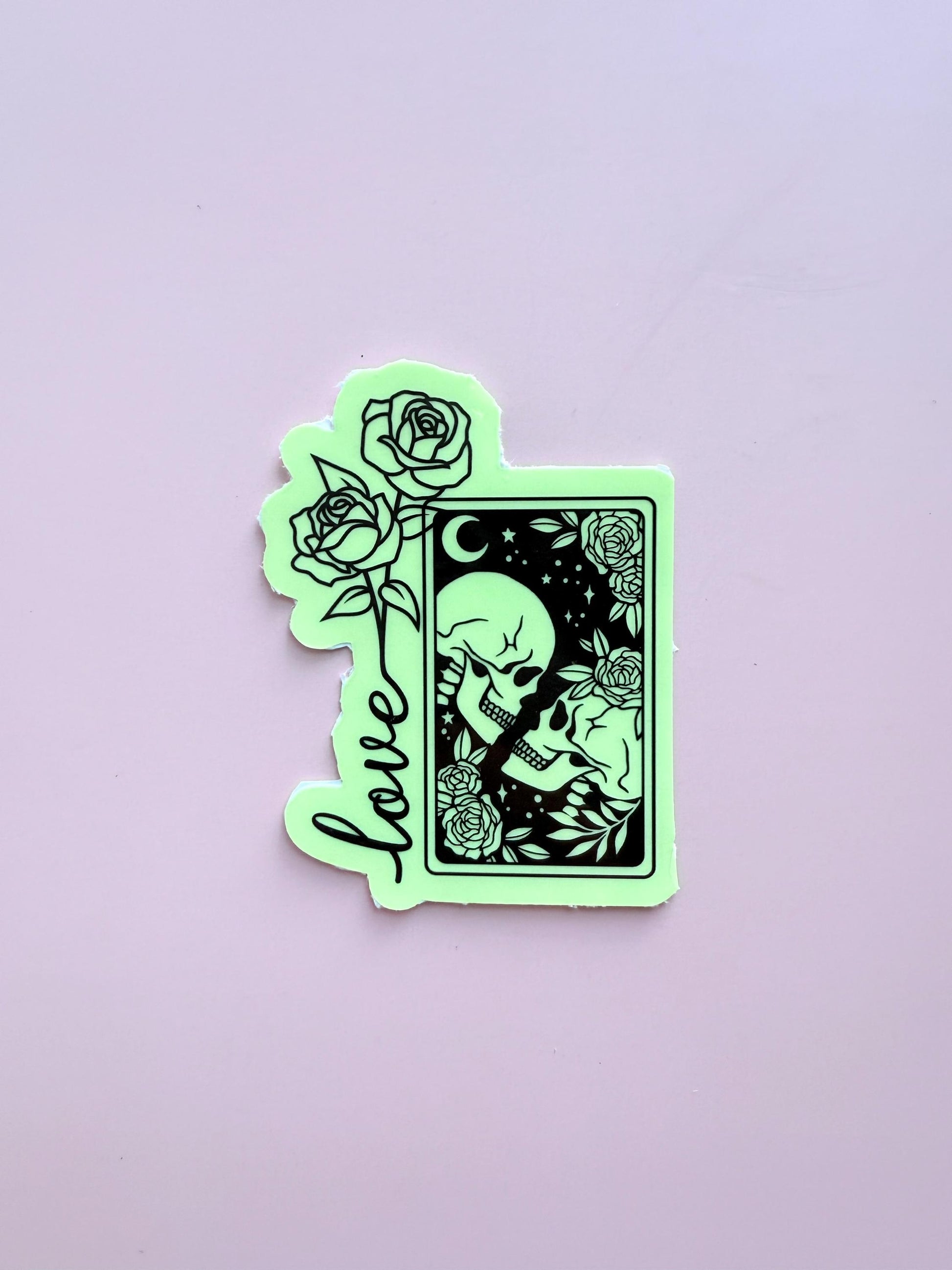 Glow-in-the-Dark Tarot Skull & Roses Sticker: Gothic Laptop Decal __etsy:7161883658