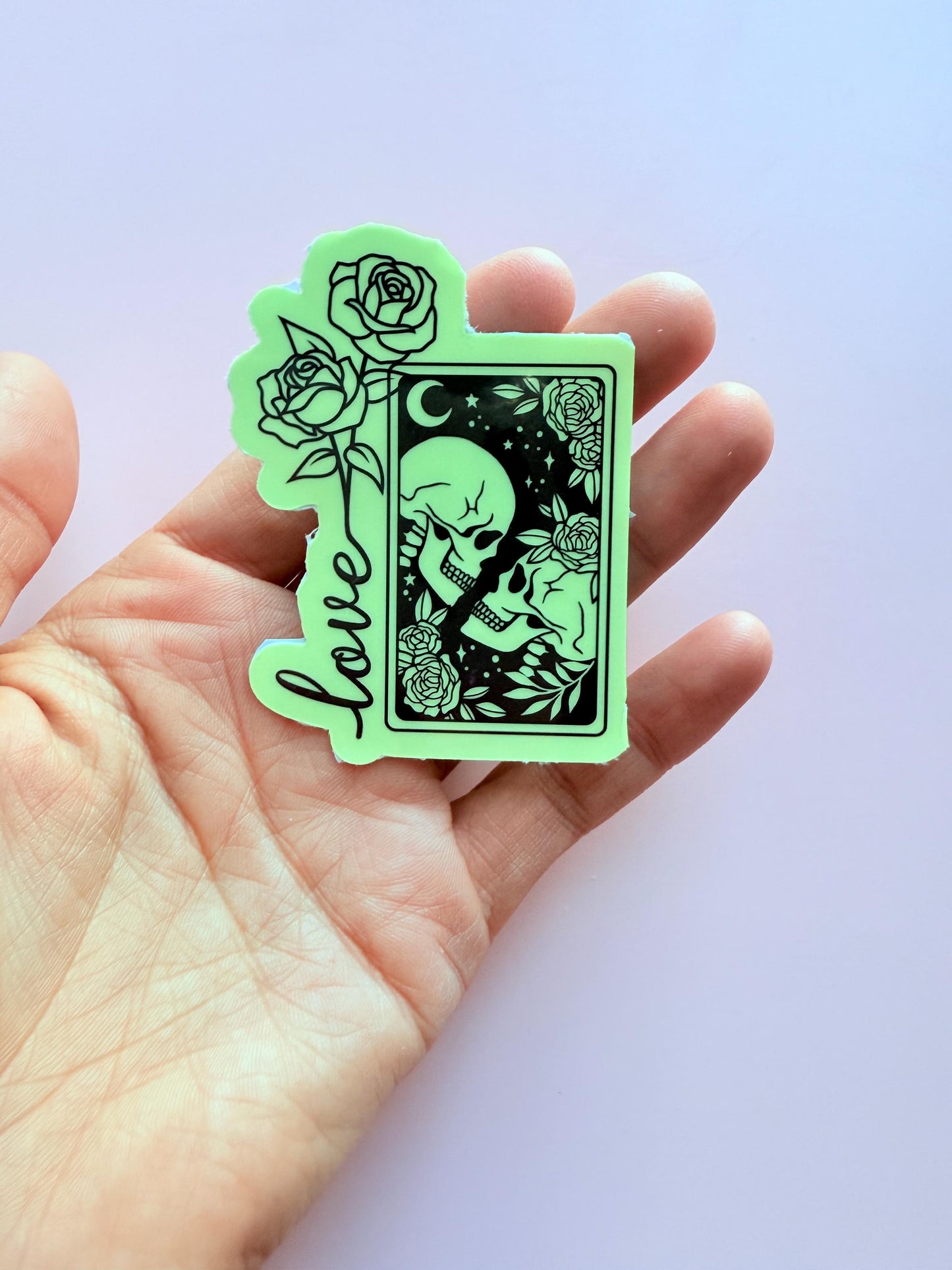 Glow-in-the-Dark Tarot Skull & Roses Sticker: Gothic Laptop Decal __etsy:7209872963
