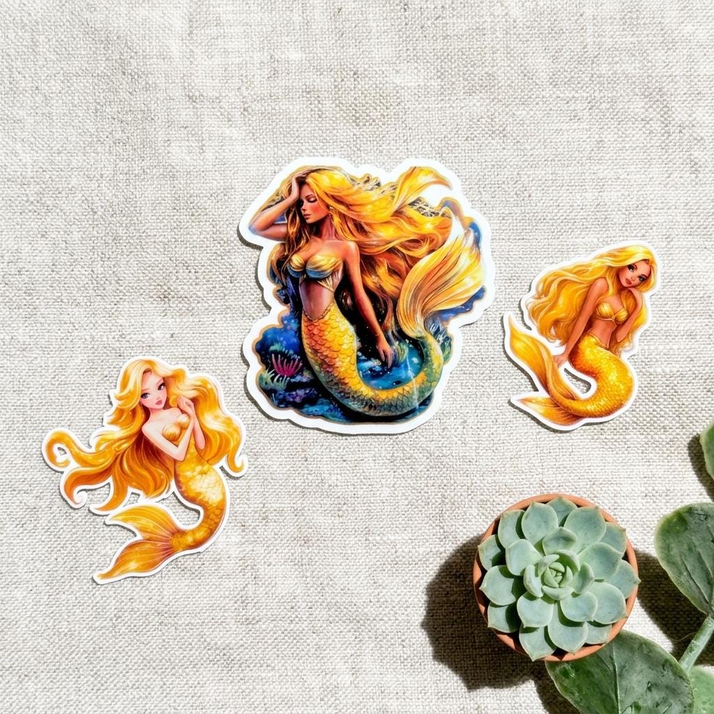 Golden Mermaid Sticker Set: Waterproof Vinyl Decals for Water Bottles, Journals __etsy:8157634115