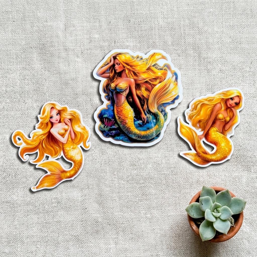 Golden Mermaid Sticker Set: Waterproof Vinyl Decals for Water Bottles, Journals __etsy:8157634129