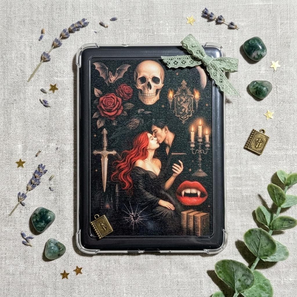Gothic vampire Kindle insert decal on an e-reader in a styled flat-lay with lavender sprigs, green crystals, a lace bow, gold star confetti, and book charms. The dark romantasy art shows a red-haired woman and a vampire embracing with a skull, roses, and candles. __etsy:8109371080