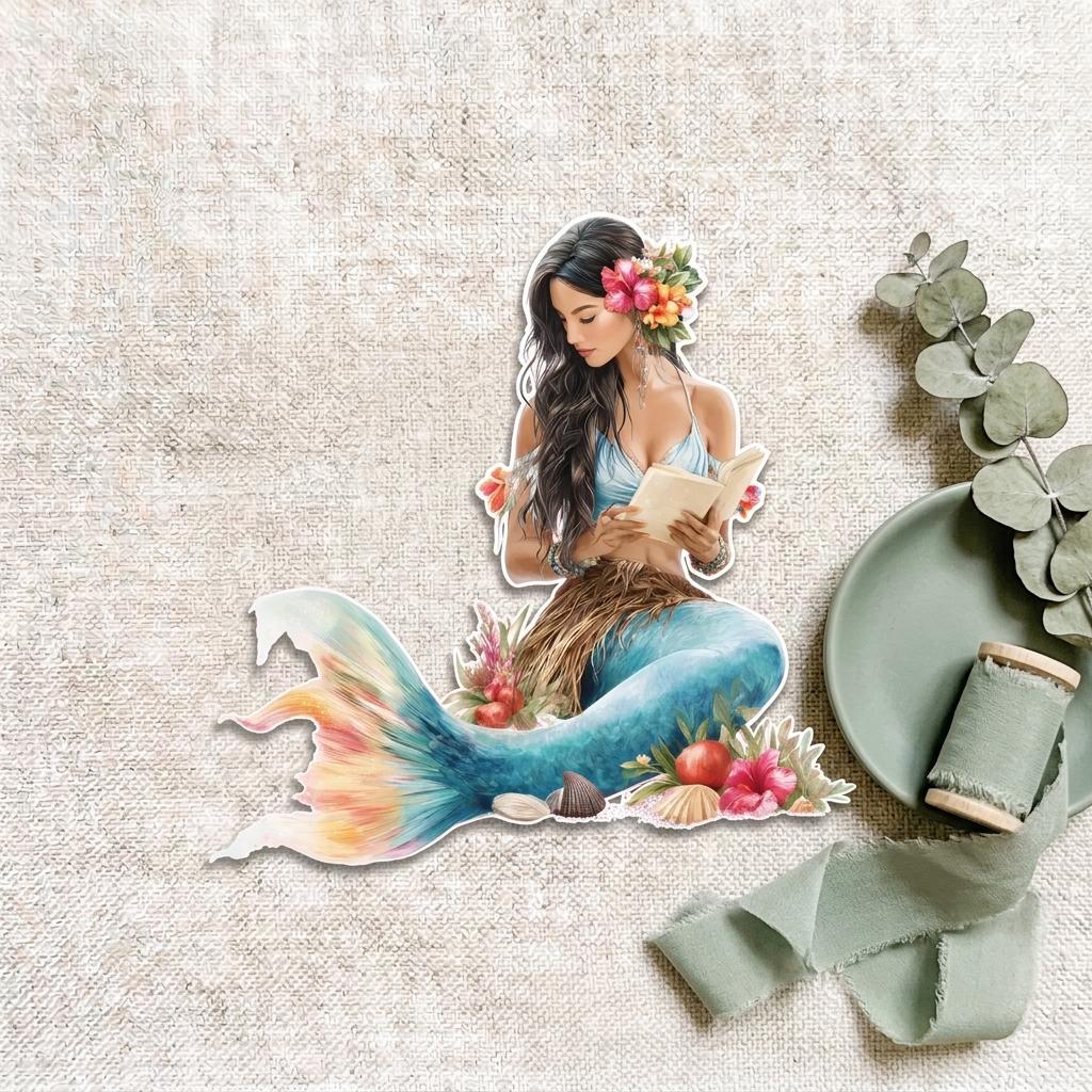 Close-up of a Hawaiian mermaid die-cut sticker with a blue top, teal tail and hibiscus, reading a book among seashells and flowers on linen __etsy:8134269030