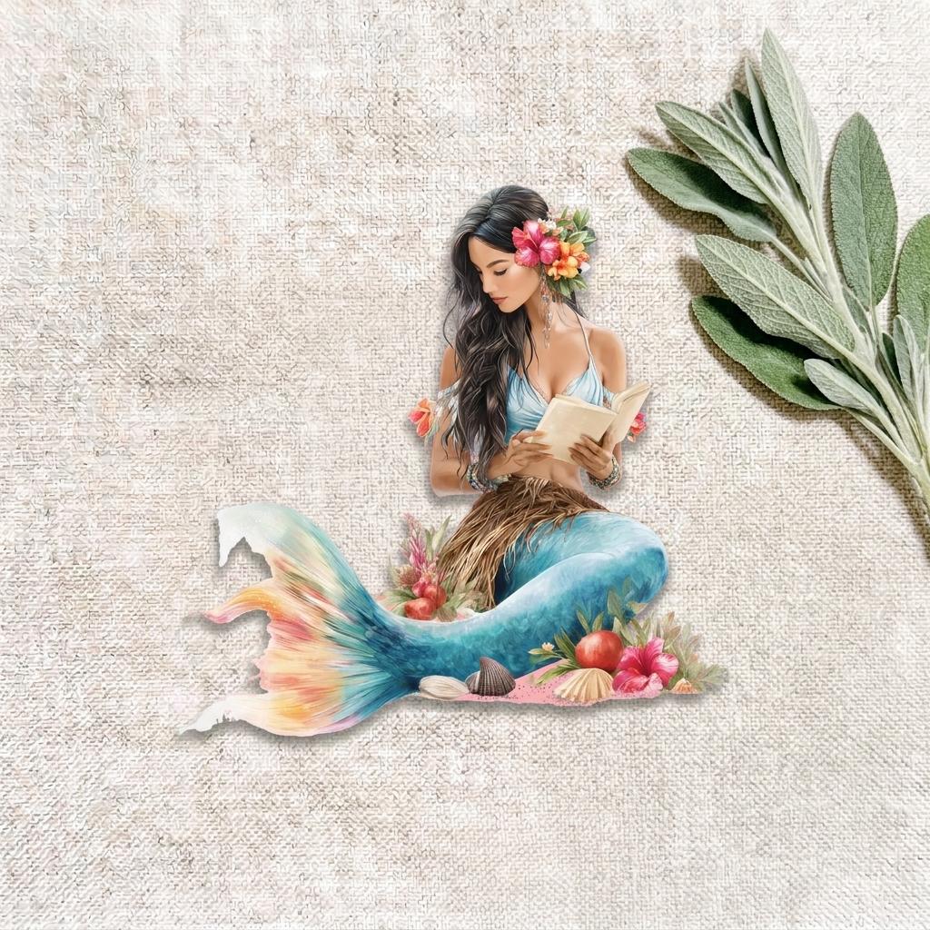 Hawaiian mermaid sticker with hibiscus in her hair, a blue top and a teal tail, reading a book beside sage leaves on a linen background __etsy:8134269192