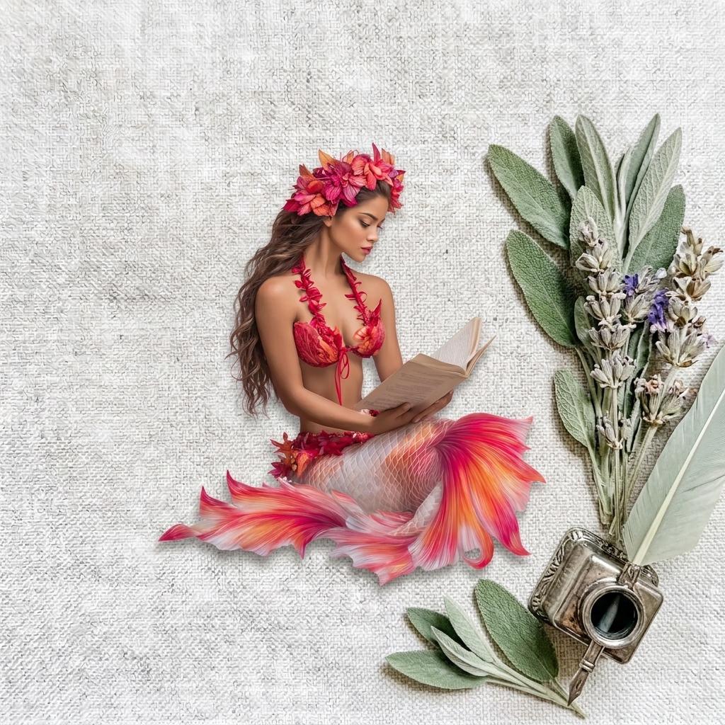 Tropical mermaid sticker with a red flower crown, coral floral top and a vibrant red and orange tail, reading a book beside sage and lavender on linen __etsy:8182166213