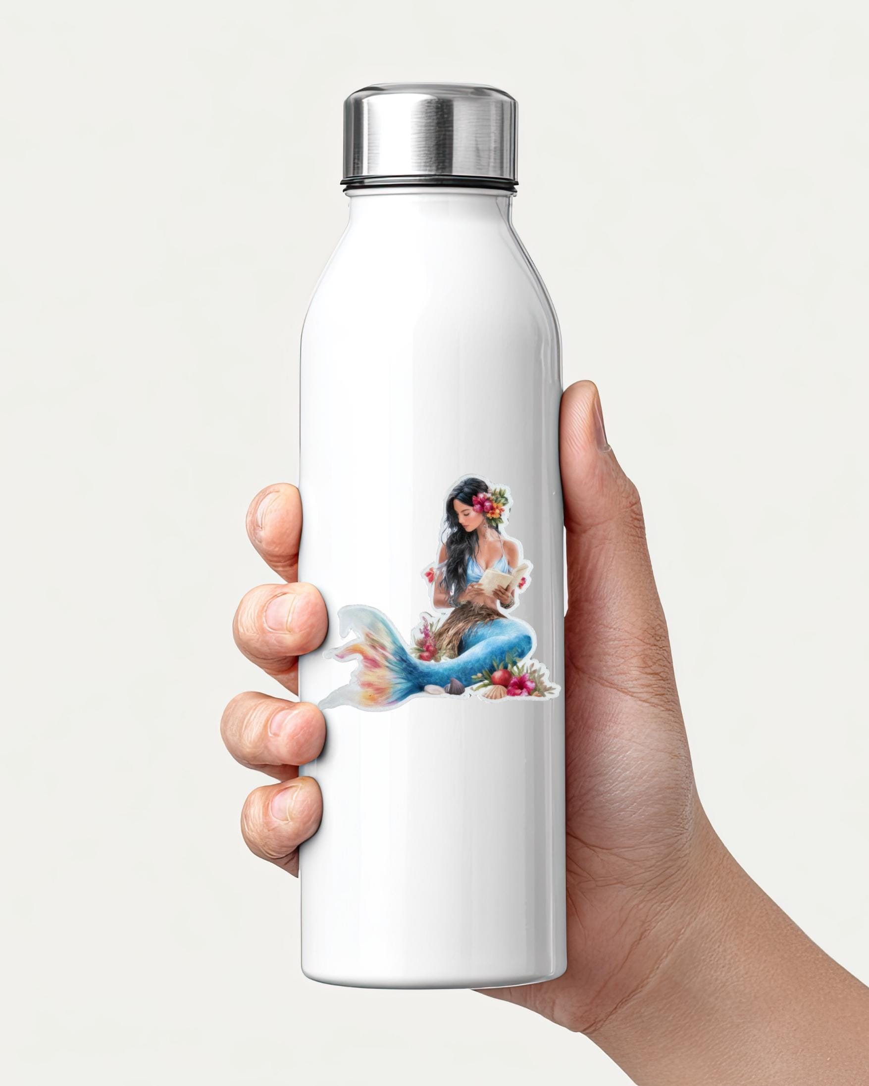 Hand holding a white water bottle with a teal-tailed Hawaiian mermaid sticker applied, showing the vinyl sticker on a real product __etsy:7732326235