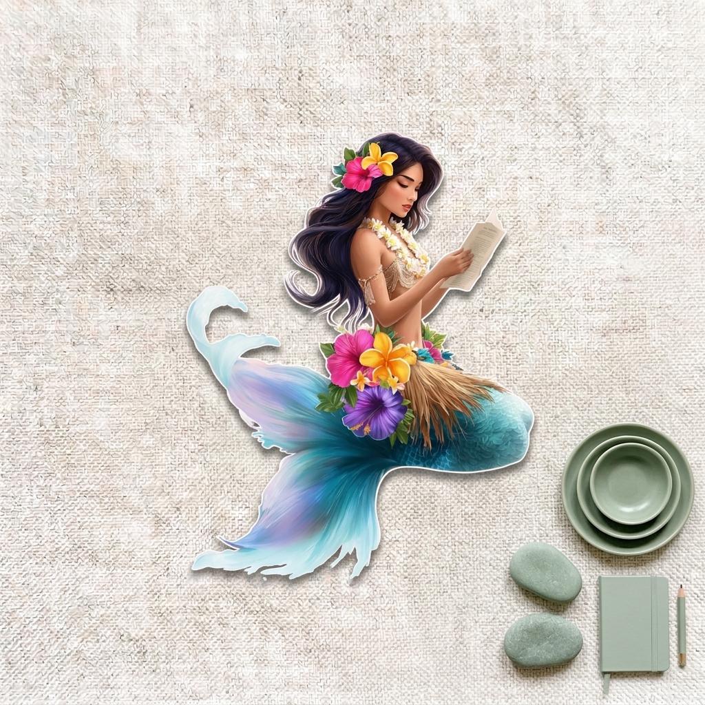 Hawaiian hula mermaid sticker with hibiscus and plumeria flowers, a white lei, grass skirt and a flowing blue and purple tail, reading a book on linen __etsy:8134265748