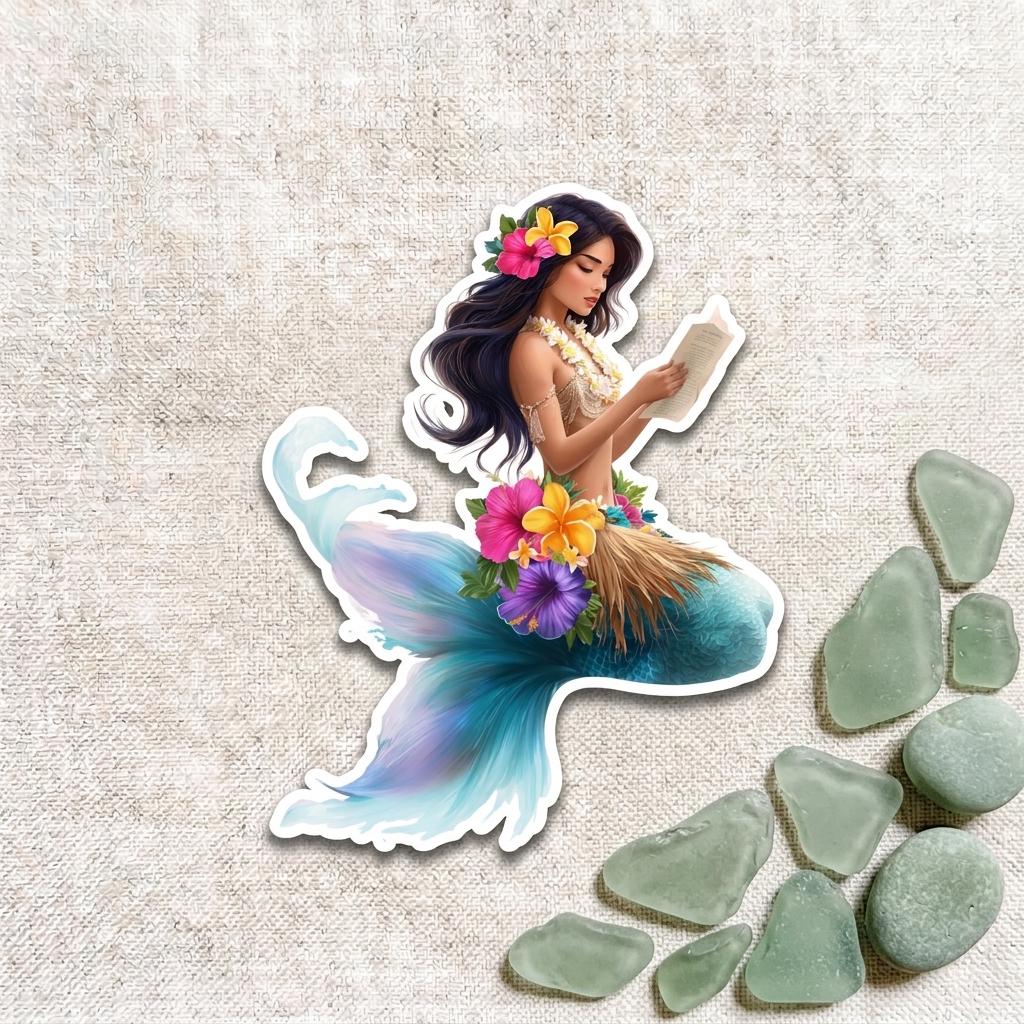 Close-up of a Hawaiian hula mermaid die-cut sticker with tropical flowers, a lei, grass skirt and a blue and purple tail, reading a book on linen __etsy:8134265744
