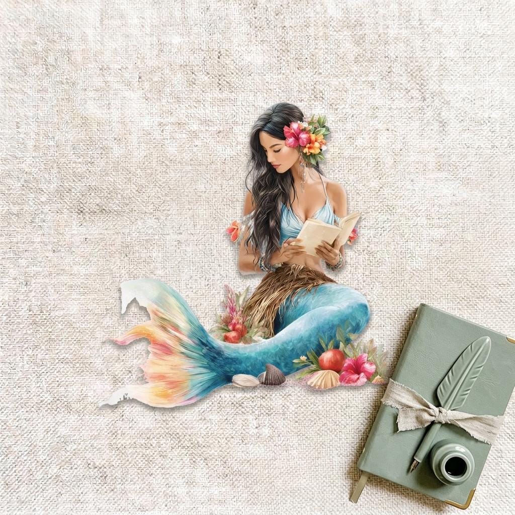 Hawaiian mermaid sticker with hibiscus flowers in her hair, a blue top and a teal tail, reading a book among seashells and flowers on linen __etsy:8134268880