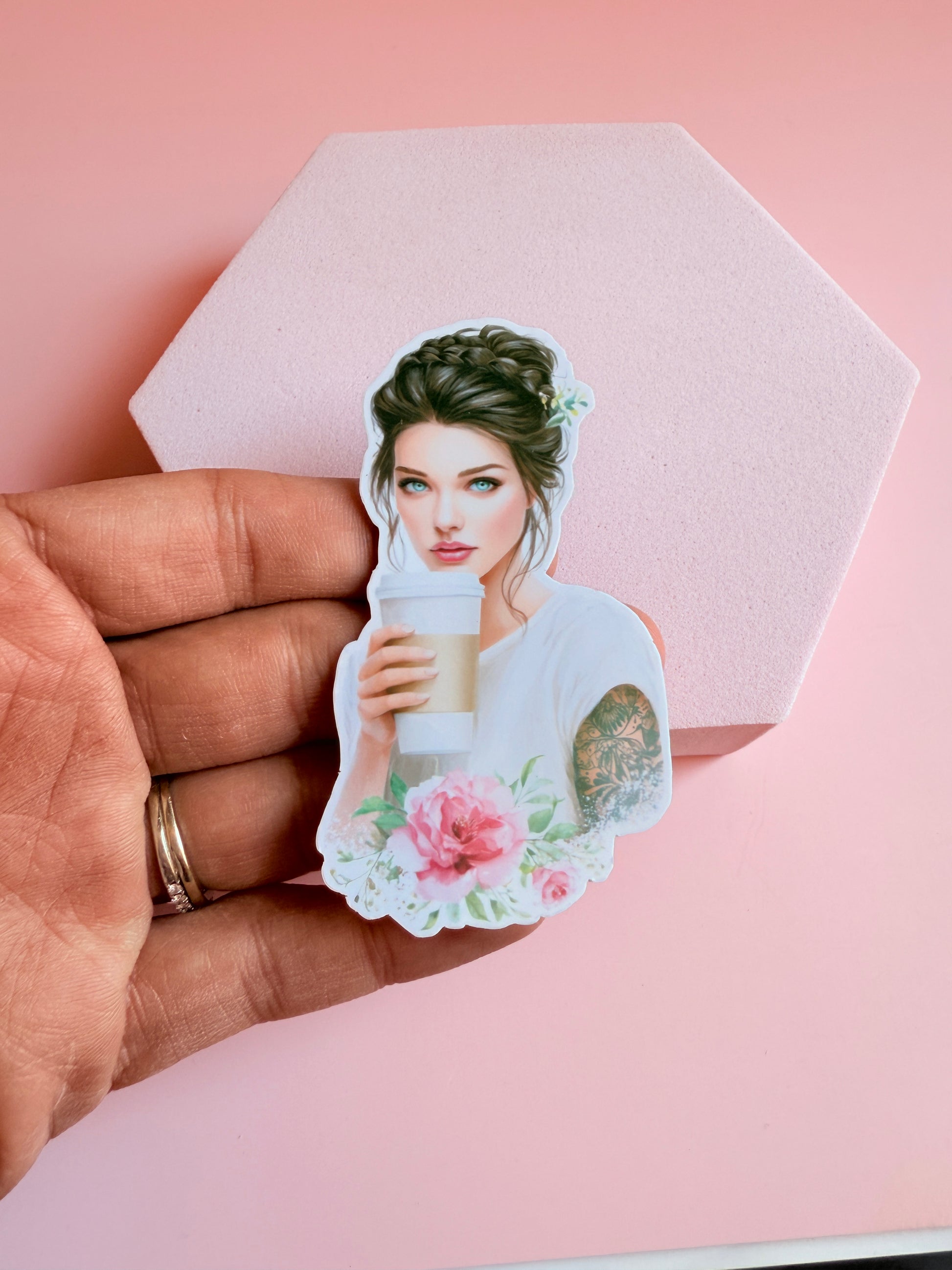 Coffee & Blooms" Beautiful Girl Sticker - Waterproof Vinyl Decal - The Sticker Era