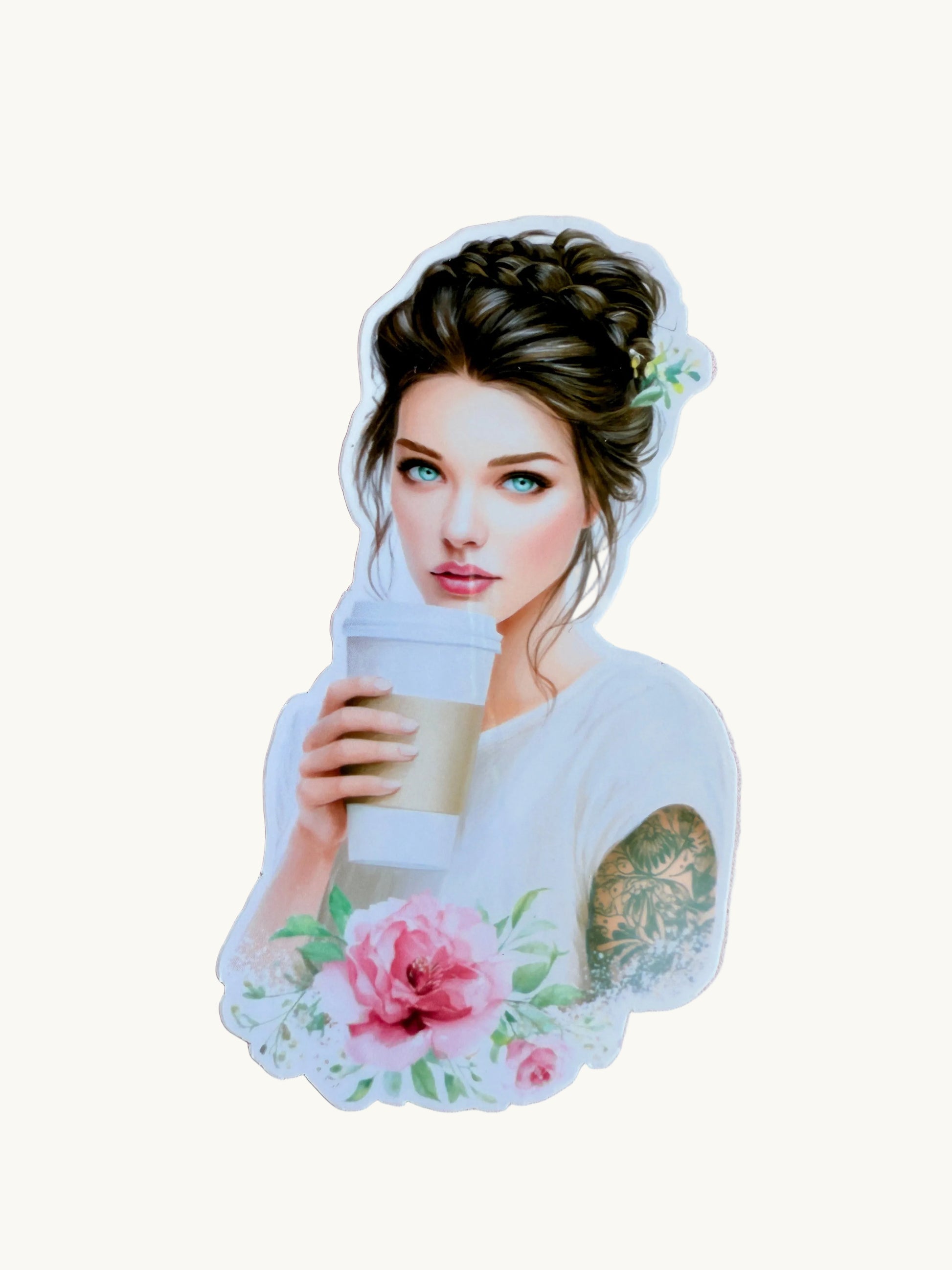 Coffee & Blooms" Beautiful Girl Sticker - Waterproof Vinyl Decal - The Sticker Era