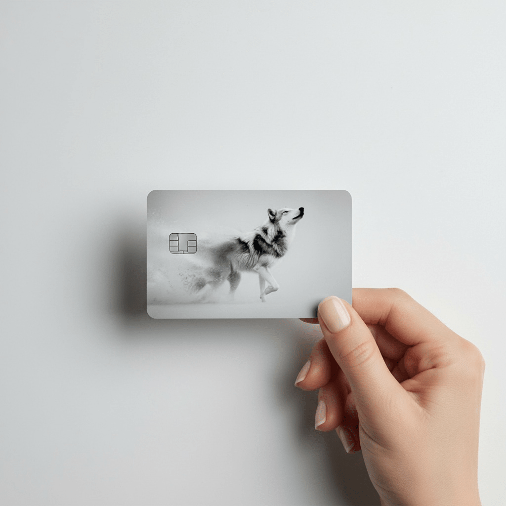 Hand holding the winter mist running wolf card skin by The Sticker Era