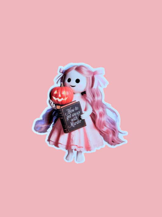 Cute Doll with Murder Book Sticker | "How to Get Away with Murder" Dark Academia Vinyl Decal | Spooky Cute Halloween Laptop Water Bottle Sticker | True Crime Bookish Gift | 2.87-inch Size - The Sticker Era