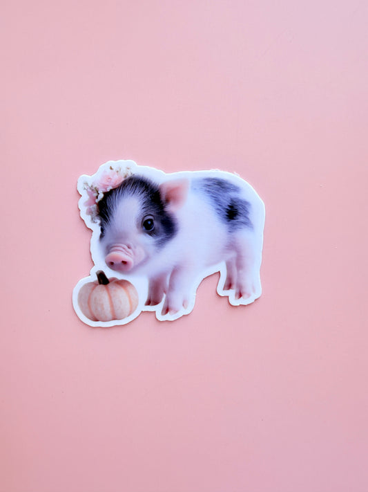 Cute Piglet Sticker | Baby Pig with Floral Crown & Pumpkin Vinyl Decal | Adorable Autumn Farm Animal Laptop Water Bottle Sticker | 1.91-inch Size - The Sticker Era