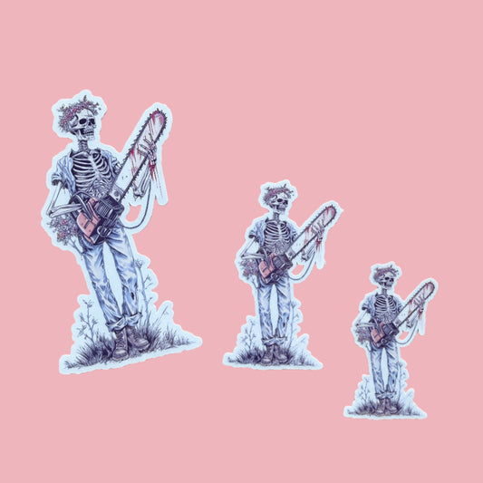 Three skeletons with bloody chainsaw. happy halloween
